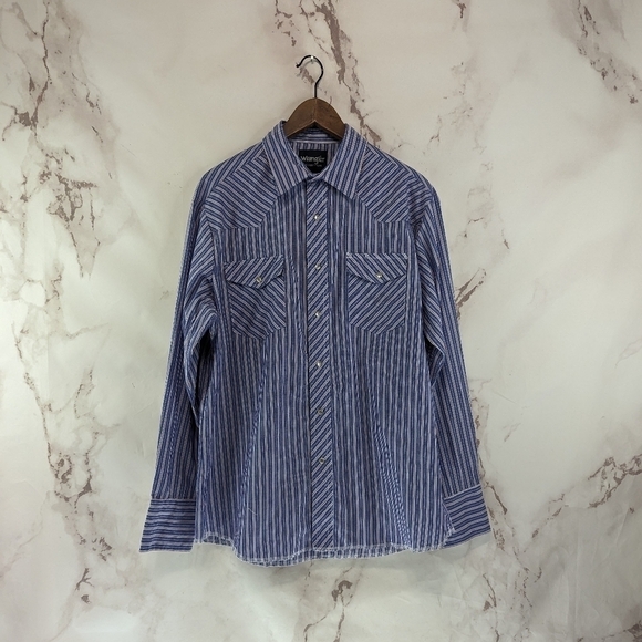 Wrangler Shirt Men Large Red Blue Stripe Lightweight Snap Button Western Cowboy - Picture 1 of 11